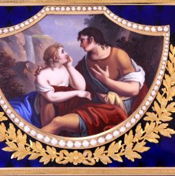 ANTIQUE 18K GOLD ENAMEL BOX CA1800S | ENAMELED ROMANCE SCENE WITH PEARL FRAME