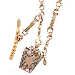 Antique 14K Gold Pocket Watch Chain with T-Bar, Large Gold Stone Links, and Masonic Fob