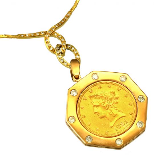 Gold Chunky Vintage Silver Coin with Gold Chinese Coin and Gold Bee Necklace  – Coin Necklace – Bee Necklace