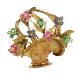 RETRO RUBY EMERALD SAPPHIRE FLOWER BASKET BROOCH | 14K YELLOW GOLD