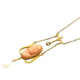 ART NOUVEAU CORAL CAMEO PENDANT WITH PEARL AND DIAMOND | 14K GOLD CHAIN AND PENDANT, CA1910S
