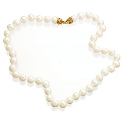 QUALITY WHITE PEARL CHOKER WITH 14K GOLD CLASP | 9MM PEARLS, 16" LONG