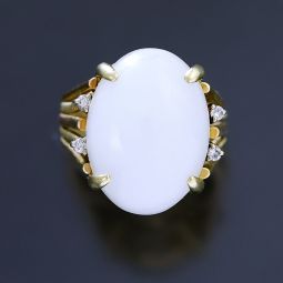 Massive Cabochon Jadeite Solitaire with Diamond Accents Ring | 14K Rose and Yellow Gold