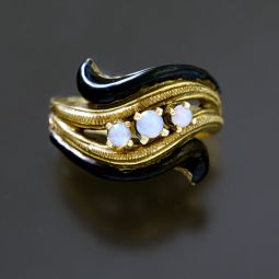 Nouveau 14K Rose Gold with Black Enamel 3-Stone Opal Ring