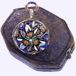 Woman’s Antique Enameled and Diamond Case Verge Pocket Watch With Original Box