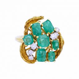 18K Yellow Gold Emerald & Diamond Cocktail Ring