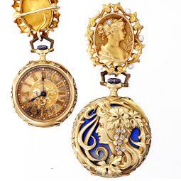 Art Nouveau Enamel Gold Pendant Watch with Pin CA1900s