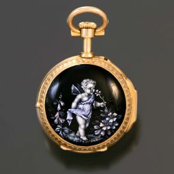 WOMEN'S MINIATURE 18K GOLD ENAMEL CHERUB CASE SWISS POCKET WATCH CA1890S | 24MM