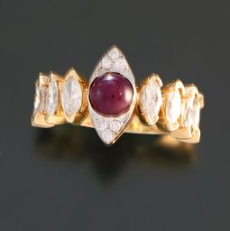 CABOCHON RUBY DIAMOND RING | 1.5 CTW RUBY, 1.85 CTW DIAMONDS