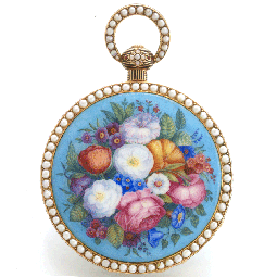 18K Chinese Market Pearl & Floral Enamel Center Sweep Pocket Watch