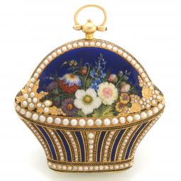 18K Enamel and Pearl Floral Flower Basket Form Pocket Watch-SOLD
