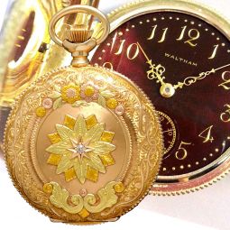 Rare Red Porcelain Dial Waltham Heavy (72.5 Dwts T.W.) 5-Color Gold Case Pocket Watch - SOLD
