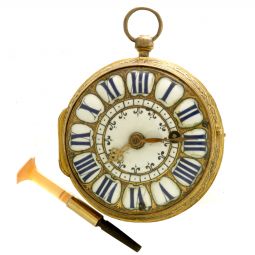 1690’s French Oignon Repousse Gilt Pocket Watch with Cut Stone Watch Key