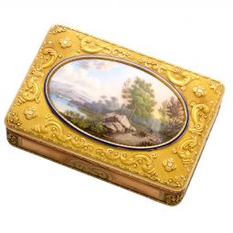 Remarkable Scrolled and Chased Enameled Lake Scene 3-Color 18K Gold Design 19th Century Snuff Box