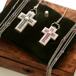 Pair of Platinum, Diamond, Sapphire, Ruby Cross Watches with Matching Platinum 38” Chains