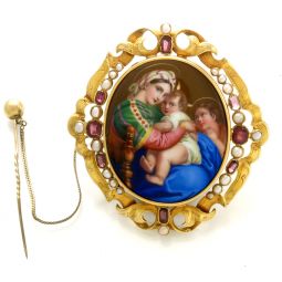 ANTIQUE GEORGIAN PERIOD 18K RUBY, PEARL ENAMEL BROOCH | RELIGIOUS SCENE OF MARY & JESUS