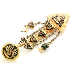 18K Gold Overlay Bloodstone, Diamond & Emerald Verge Pocket Watch with Chatelaine & Crank Key
