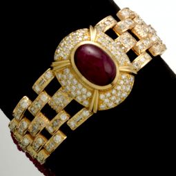 Dynamic 10CT Ruby & Pave Set Diamonds (6.5 CT TW) Ladies 18K Yellow Gold Bracelet