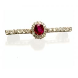 (SOLD) Ruby Diamond Brooch | 18K White Gold Oval 6 CT Ruby and Diamond Brooch