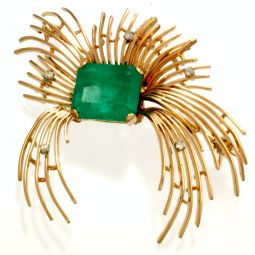 Vivid Green 13.2 CT Emerald in 18K Rose Gold Setting with Diamond Accent Brooch